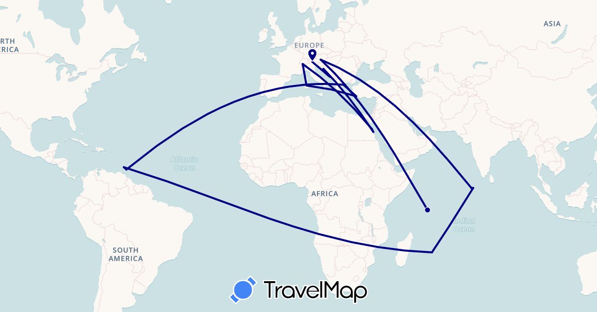 TravelMap itinerary: driving in Austria, Switzerland, Egypt, Grenada, Greece, Croatia, Italy, Mauritius, Maldives, Seychelles, Turkey, Trinidad and Tobago (Africa, Asia, Europe, North America)